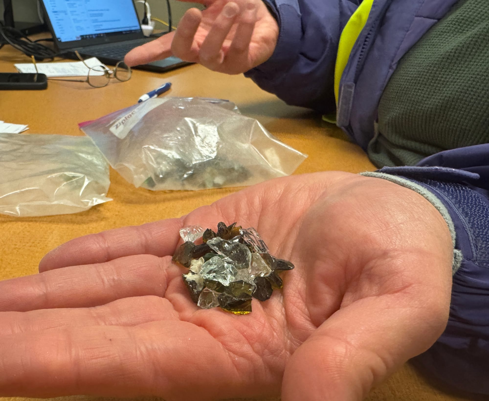 Valley Community for Recycling Solutions director Tam Boeve holds an example of glass gravel