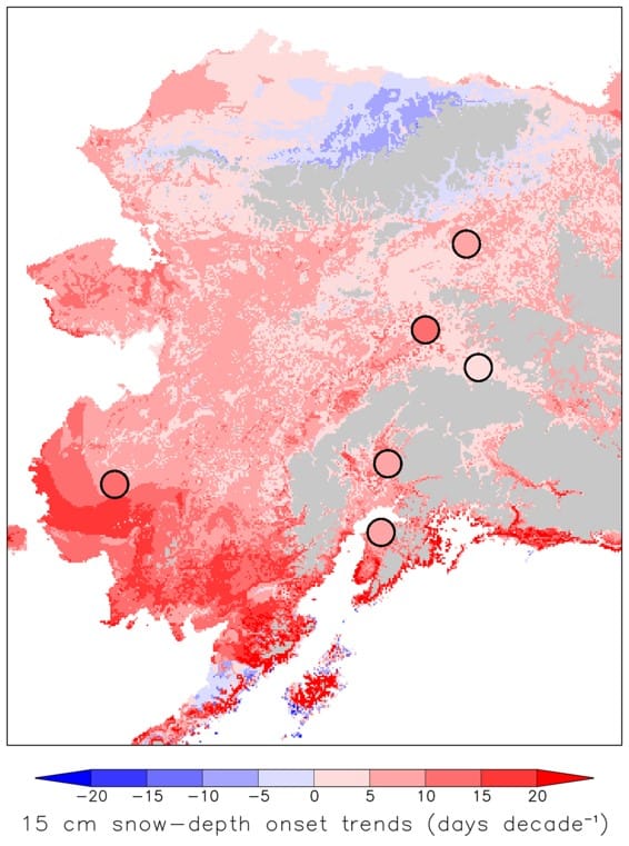 A map shows how the onset of snow changed in Alaska from 2005 to 2020