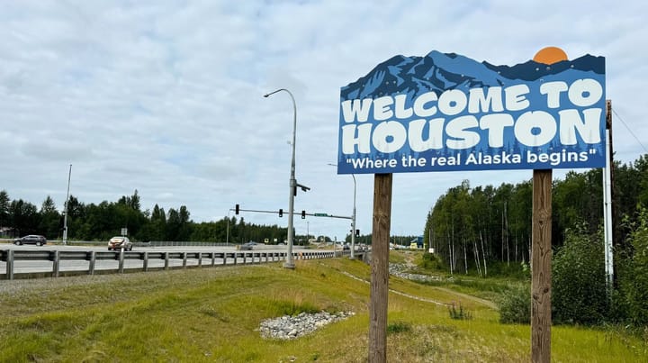 A sign welcomes visitors to Houston, Alaska 