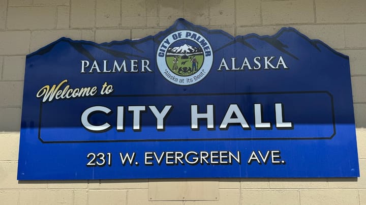 A sign on Palmer City Hall