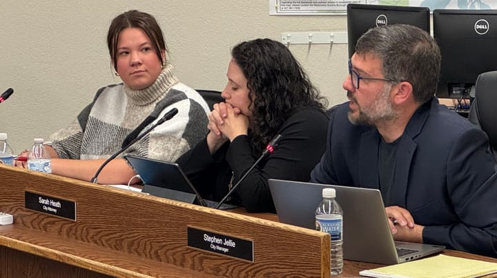 Palmer City Council member Victoria Hudson and city attorney Sarah Heath sit next to now-former City Manager Stephen Jellie